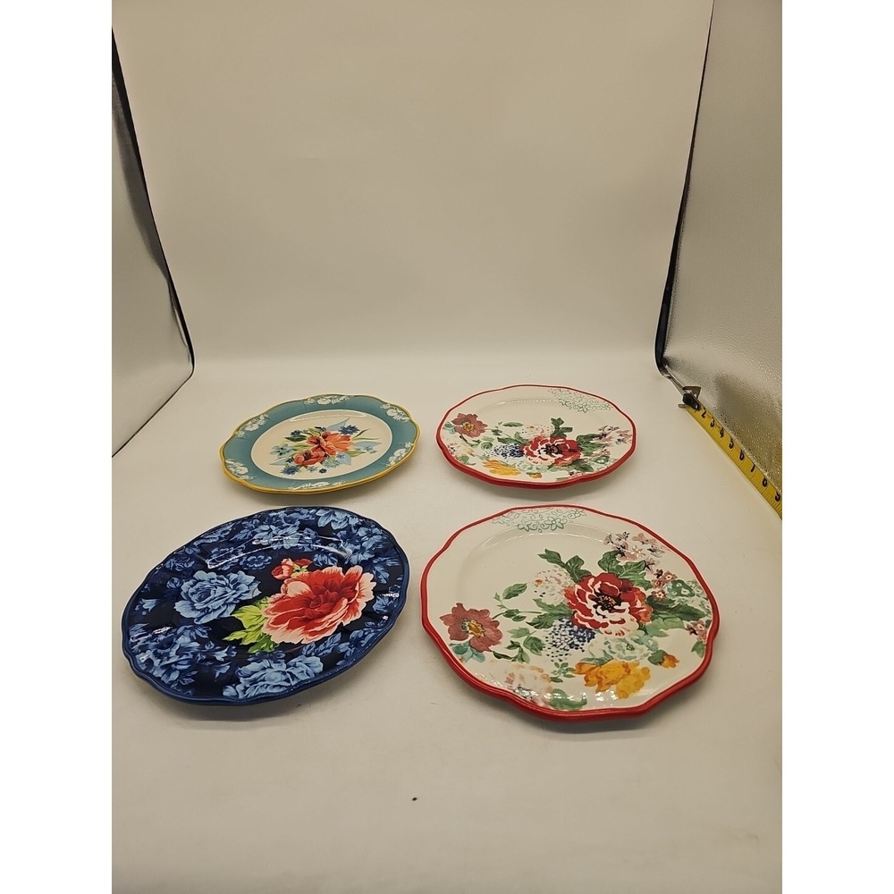 4 Pioneer Woman Red 8.5 Salad Plates Fall Flower Scalloped Edge Country Garden